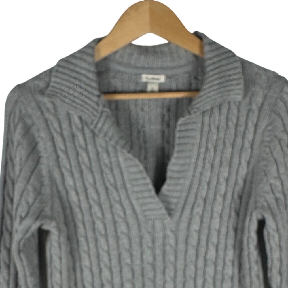 LL Bean Cotton Cable Knit Sweater Womens L Split Neck Collar Grey Preppy Classic